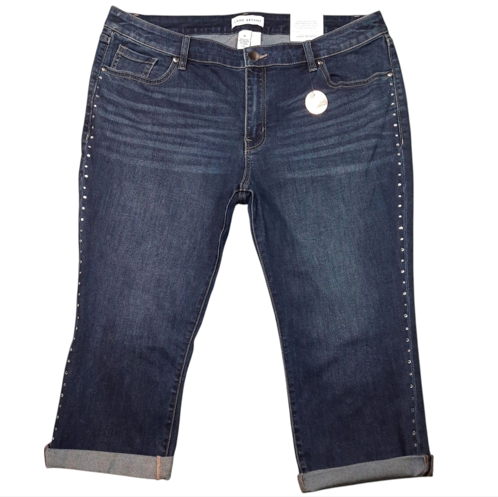 Lane Bryant Signature Fit Mid-rise Pedal Crystal Stud Crop Blue Jean SZ 16 NWT